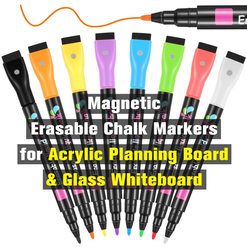 OORAII Magnetic Liquid Chalk Markers Wet Erase Markers for Acrylic Calendar Planning Board Clear Glass Writing Board Whiteboard Window/Mirror  8 Pack  8 Vibrant Color  1mm Fine Tip - Image 1